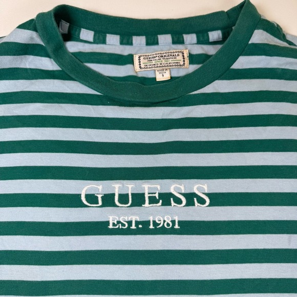 Guess Mens Shirt Small Striped Short Sleeve 90s Y2K Retro Spellout Embroider - Picture 3 of 6